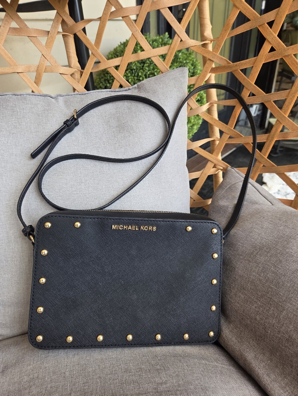 MICHAEL KORS Black Studded Leather Crossbody Bag